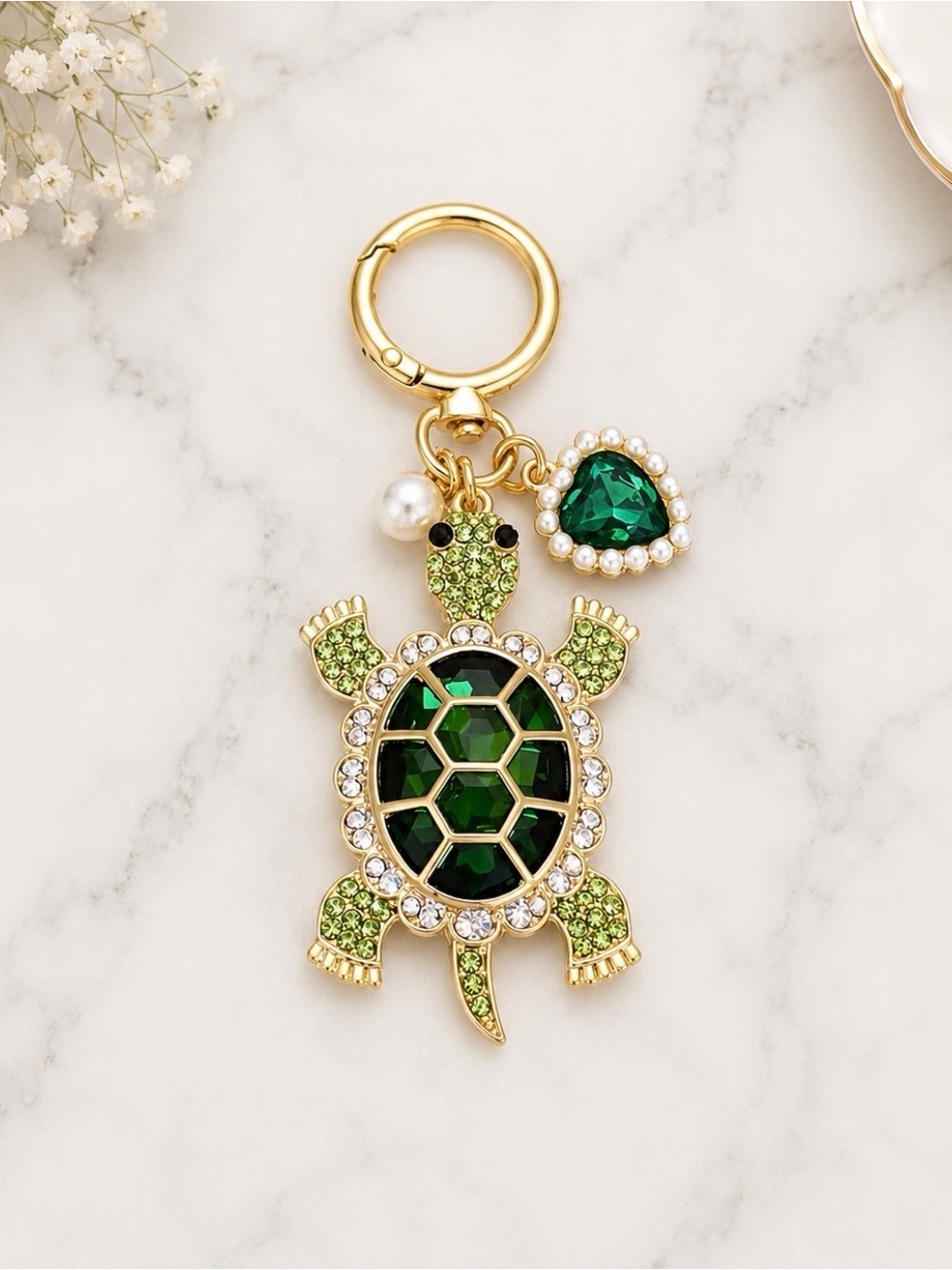Bag Charm/Keyring-Green And White Rhinestoned Turtle Charm-Gold Hardware